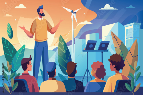 Man presenting wind power benefits to attentive audience outdoors