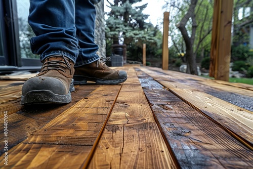 A person's legs walking on a wet wooden deck, focusing on the brown boots and textures of the wood