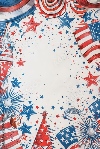 Handdrawn 4th of July doodle frame with fireworks, flags, and hats, central area clear for text