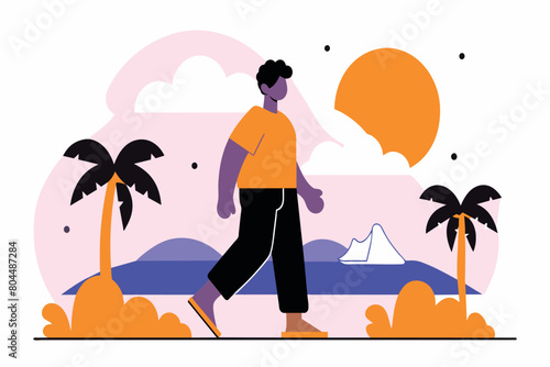 A solitary stroll along the shore against a tropical sunset backdrop