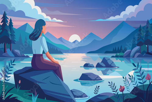 Woman sitting by a lake at sunset  mountains in the backdrop