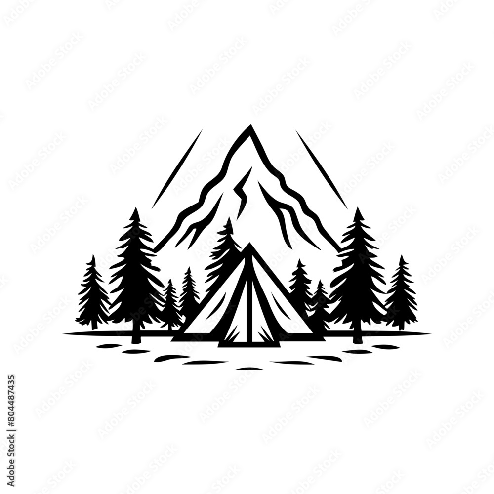 A tent is set up in the woods with a mountain in the background