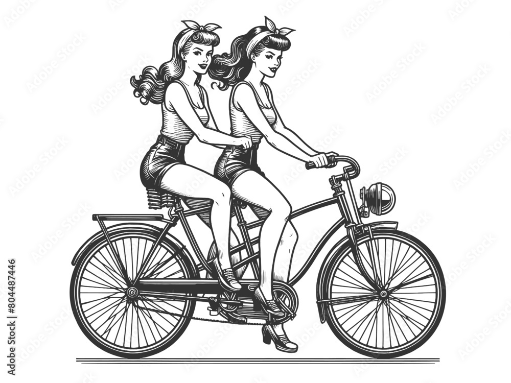 Obraz premium twin vintage pin-up girls riding tandem bicycle, matching outfits and hairstyles sketch engraving generative ai fictional character vector illustration. Scratch board imitation. Black and white image