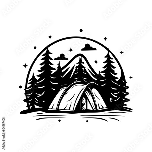 A tent is set up in the woods with a mountain in the background