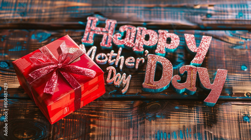 Happy Mother's Day on a rustic wood background with a red gift box. Shiny text word colors.