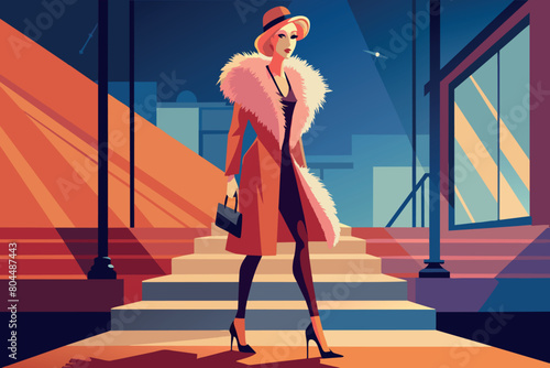 Stylish lady in retro fashion walking down city stairs at sunset