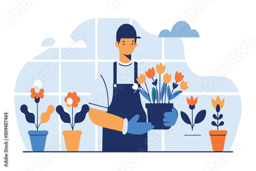 Man tending to potted flowers in a tranquil garden space
