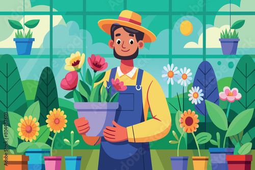 A cheerful gardener with a hat poses with potted tulips