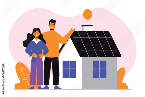 Happy pair by an eco-friendly house with solar panels during dusk