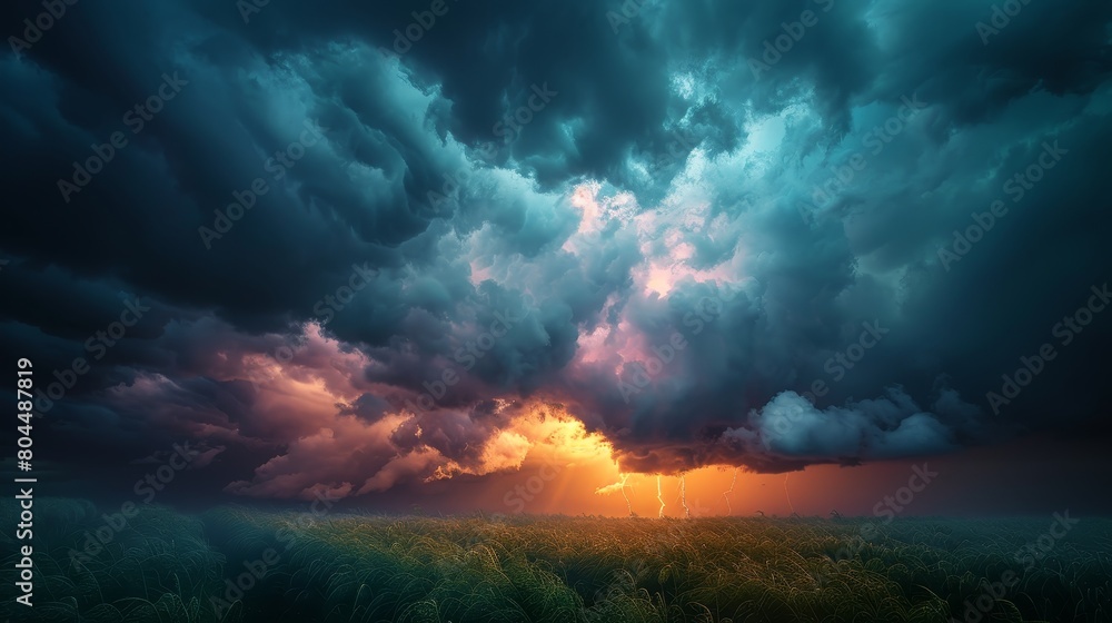 Amazing view of storm cloudscape with bright lightning bolt.