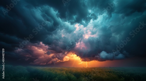 Amazing view of storm cloudscape with bright lightning bolt.