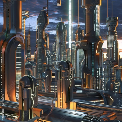 Illustrate the metallic properties of Yttrium in a futuristic cityscape , super realistic