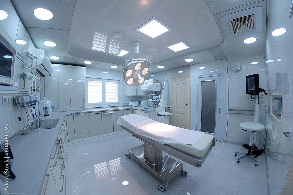 An immaculate, state-of-the-art hospital operating room fully equipped with advanced medical technology An immaculate, state-of-the-art hospital operating room fully equipped with advanced medical technology