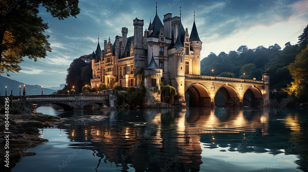 Obraz premium A Castle With Beautiful Water Reflected In It Landscape Background