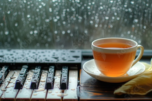 A reflective moment with a cup of herbal tea beside a rain-streaked window, with soft piano music helping to unwind the thoughts of a rainy day, super realistic