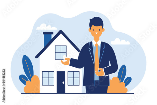Cartoon of a realtor with a model house, representing home ownership or real estate