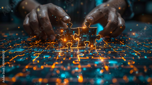 hands connecting jigsaw puzzle pieces with a blue digital network background.generative ai