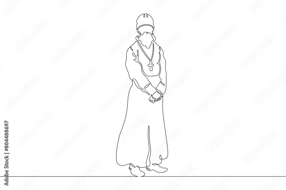 Orthodox priest. Christian minister of worship. Male priest in full length in religious vestments.Religion. One continuous line . Line art. Minimal single line.White background. One line drawing. 