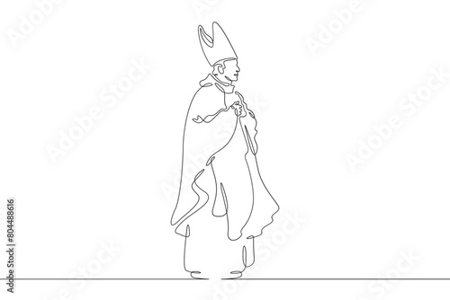 Catholic priest. Christian minister of worship. A full-length male priest in religious vestments. Religion.One continuous line . Line art. Minimal single line.White background. One line drawing. 