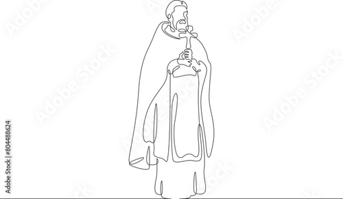 Orthodox priest. Christian minister of worship. Male priest in full length in religious vestments.Religion. One continuous line . Line art. Minimal single line.White background. One line drawing. 