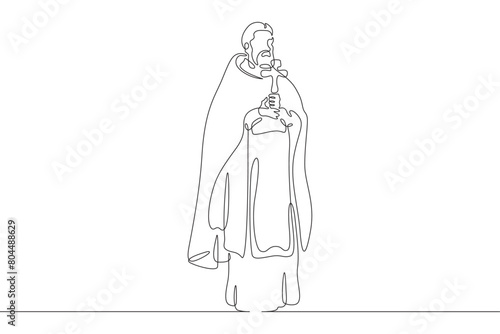 Orthodox priest. Christian minister of worship. Male priest in full length in religious vestments.Religion. One continuous line . Line art. Minimal single line.White background. One line drawing. 
