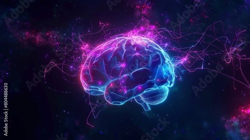 The image shows a glowing blue and purple brain. The brain is surrounded by a dark background with bright lights. The image is meant to be abstract and thought-provoking. photo