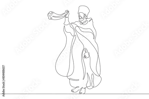 Orthodox priest. Christian minister of worship. Male priest in full length in religious vestments.Religion. One continuous line . Line art. Minimal single line.White background. One line drawing. 