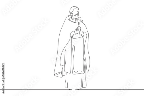 Orthodox priest. Christian minister of worship. Male priest in full length in religious vestments.Religion. One continuous line . Line art. Minimal single line.White background. One line drawing. 