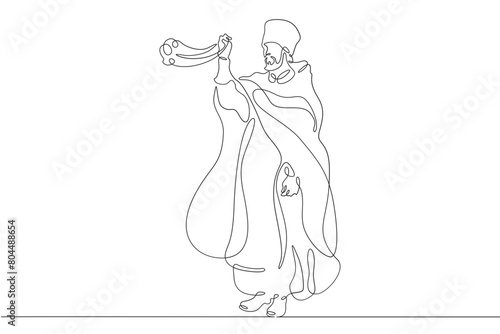 Orthodox priest. Christian minister of worship. Male priest in full length in religious vestments.Religion. One continuous line . Line art. Minimal single line.White background. One line drawing. 