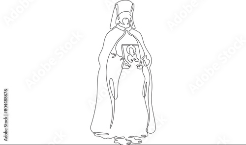 Orthodox priest. Christian minister of worship. Male priest in full length in religious vestments.Religion. One continuous line . Line art. Minimal single line.White background. One line drawing. 
