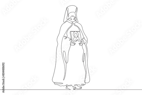 Orthodox priest. Christian minister of worship. Male priest in full length in religious vestments.Religion. One continuous line . Line art. Minimal single line.White background. One line drawing. 