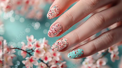 cute spring nails with flowers and glitter on hand