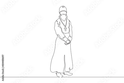 Orthodox priest. Christian minister of worship. Male priest in full length in religious vestments.Religion. One continuous line . Line art. Minimal single line.White background. One line drawing. 