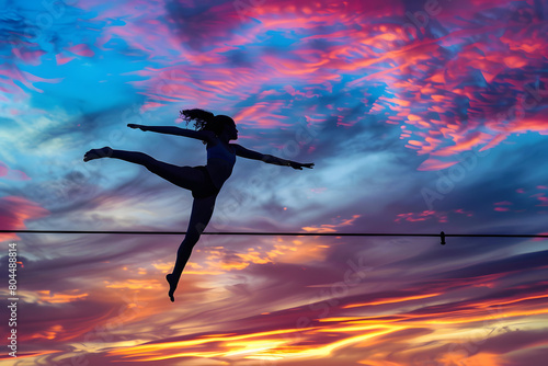 Silhouette of a high jumper clearing the bar at sunset, with the sky painted in vibrant hues, highlighting the athleticism and grace 