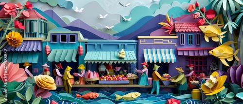 A vibrant and colorful paper-cut illustration of a bustling Asian market