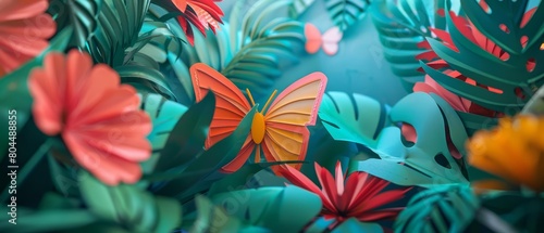 Create a 3D illustration of a butterfly in a tropical rainforest. The butterfly should be the focal point of the image.