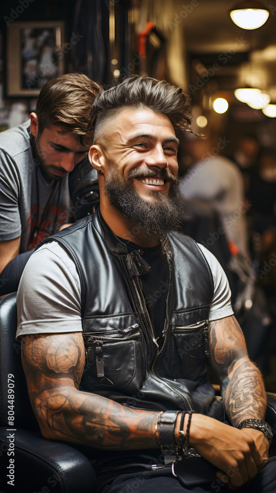 Smiling client of a barbershop sitting in the armchair durung hairstyling.