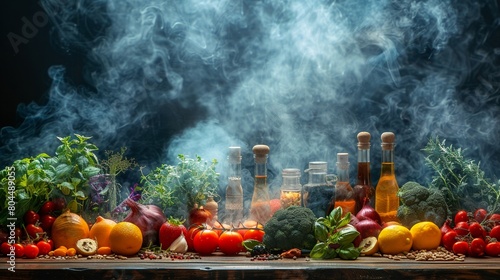 Vegetables  fruits  and cooking utensils are exotic and lively with wacky ingredients and kitchen tools studio backgrounds. There is smog in the atmosphere.