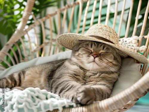  cute fat cat in a straw hat sleeping on a wicker hammock with green plants at home, depicting a summer vacation concept photo