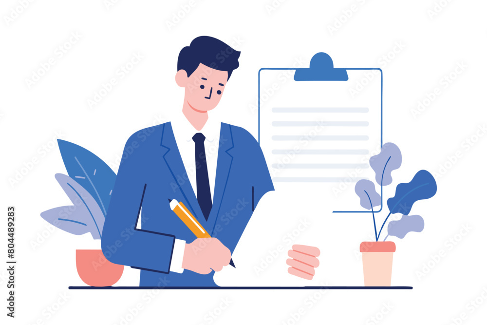 A businessman in a suit finalizes paperwork at his workspace A businessman in a suit finalizes paperwork at his workspace