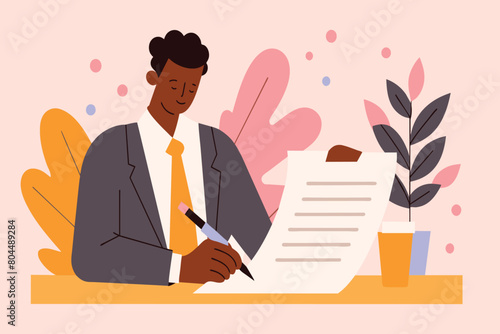 A man in a suit is focused on signing papers at his desk