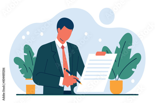 A man in a suit attentively checks a paper on his desk