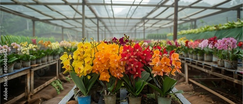 Greenhouse filled with blooming flowers  showcasing the beauty of nature in vibrant colors like yellow  pink  and red  with a variety of flora including sunflowers  dahlias  and orchids  amidst a gard