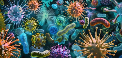 Microscopic highly detailed images showing various bacteria and viruses generative ai photo