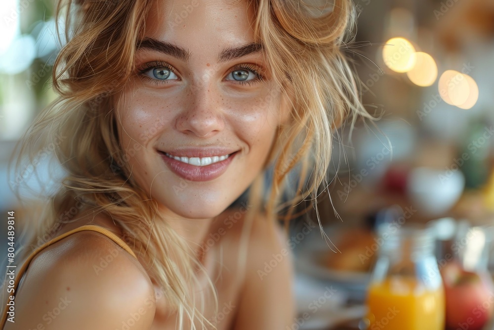 Engaging close-up of a young freckled woman with a sunny background, captivating smile, and breakfast Engaging close-up of a young freckled woman with a sunny background, captivating smile, and breakfast