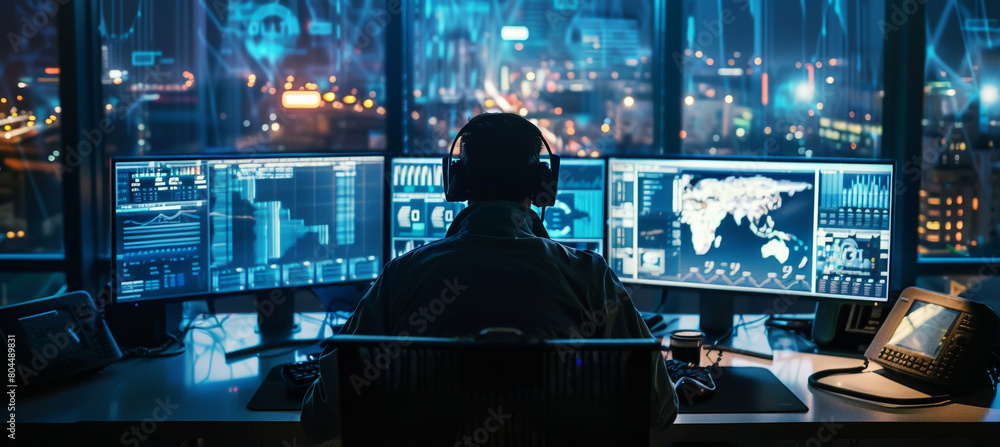 cyber security guard in front of monitors at night cyber security guard in front of monitors at night