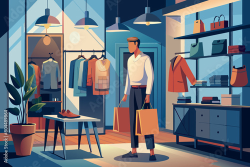 Customer with bags in a boutique at dusk