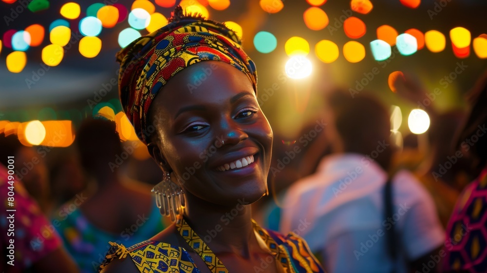 A beautiful African woman is smiling at the camera. She is wearing a traditional African headscarf and colorful clothing. The background is blurred with colorful lights.