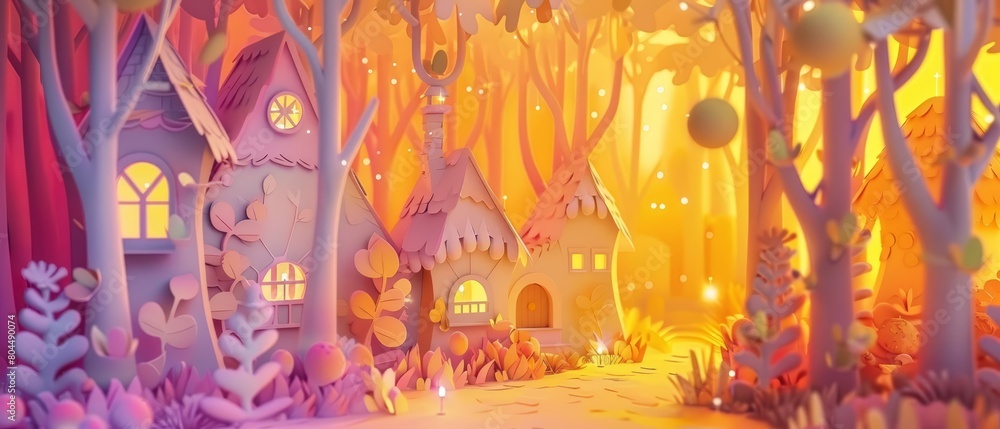 Naklejka premium Create a whimsical 3D illustration of a magical forest with a cute cottage