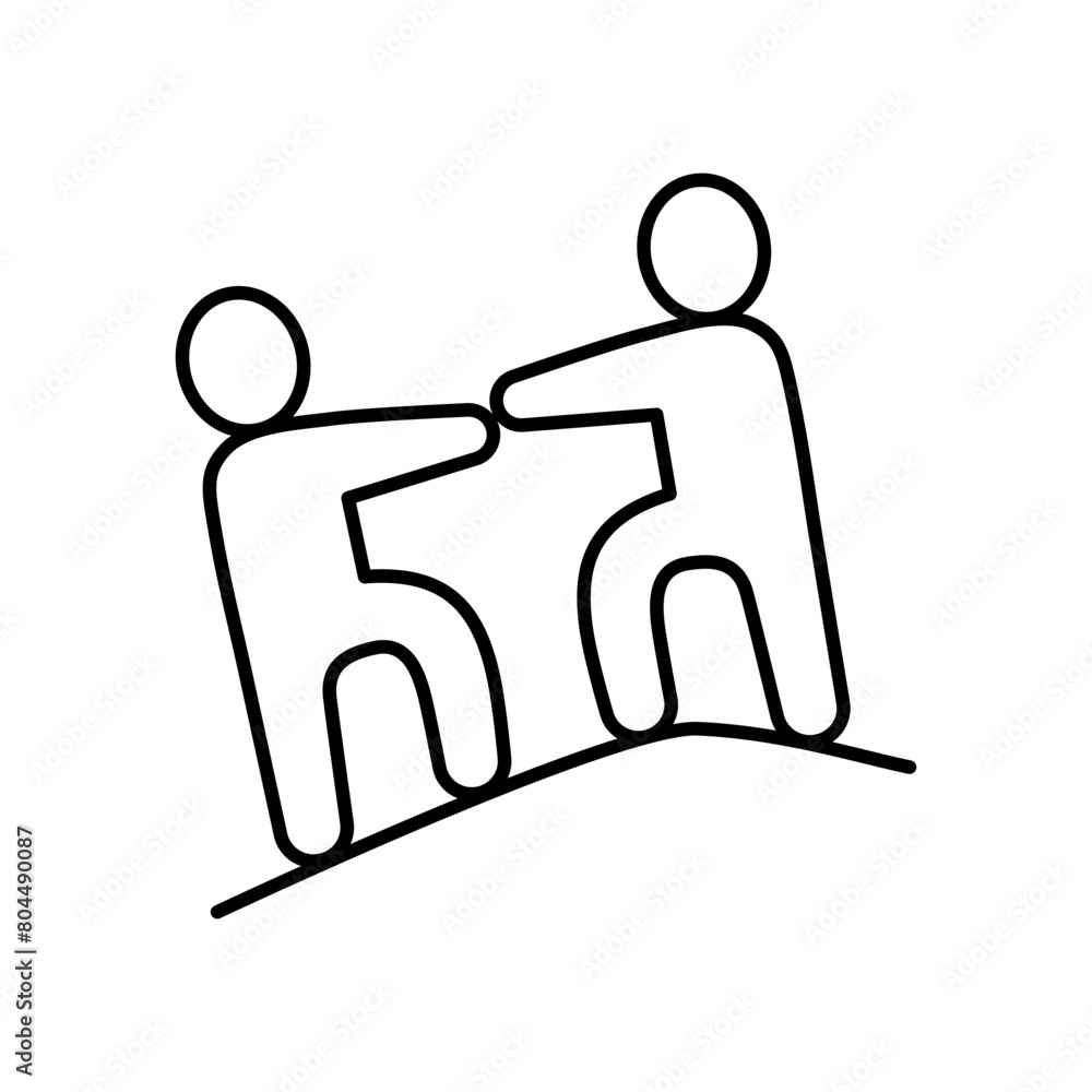 Fototapeta premium Two people on the mountain peak outline icon. Teamwork, partnership, achievement concept. Editable stroke. Isolated vector illustration